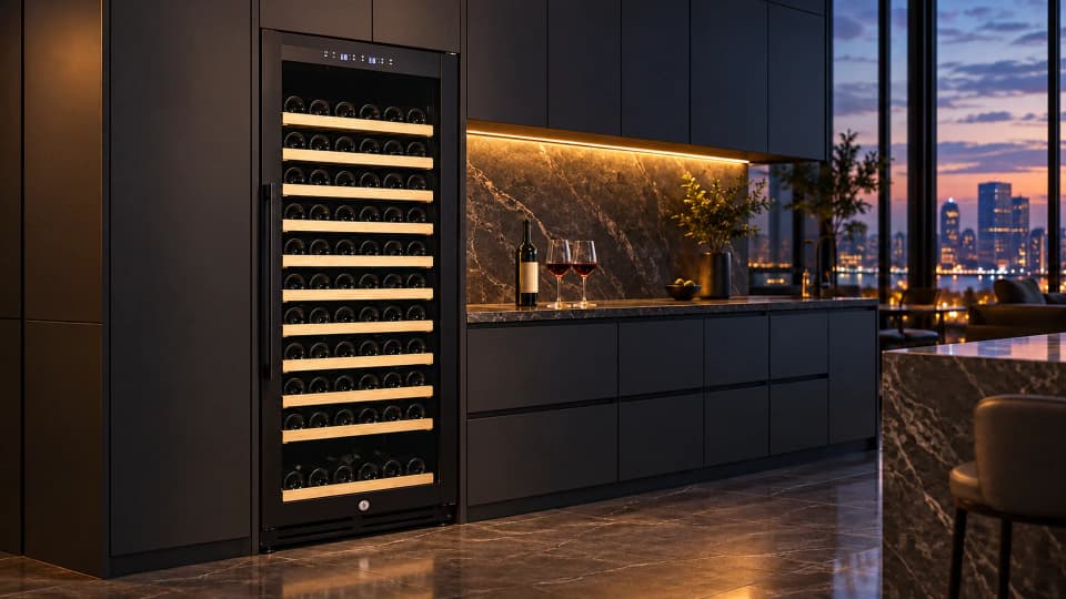 Single-door wine chiller beside a lounge seating area