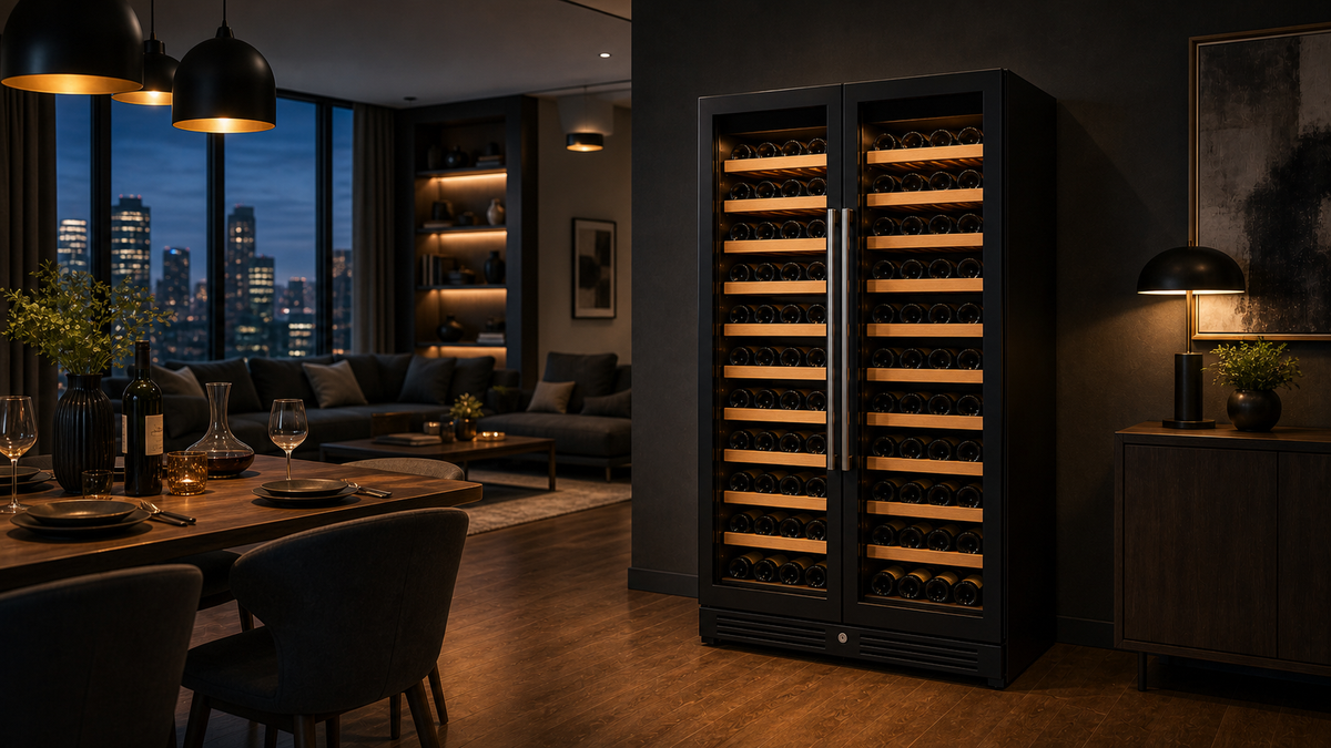 162-bottle wine chiller in a dark dining room