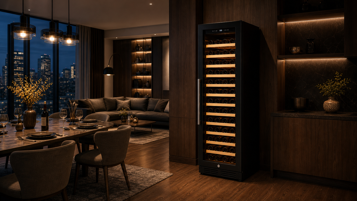 165-bottle wine chiller in a dark dining room
