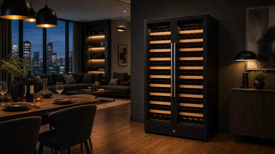 Dual-door wine cabinet in an evening dining room